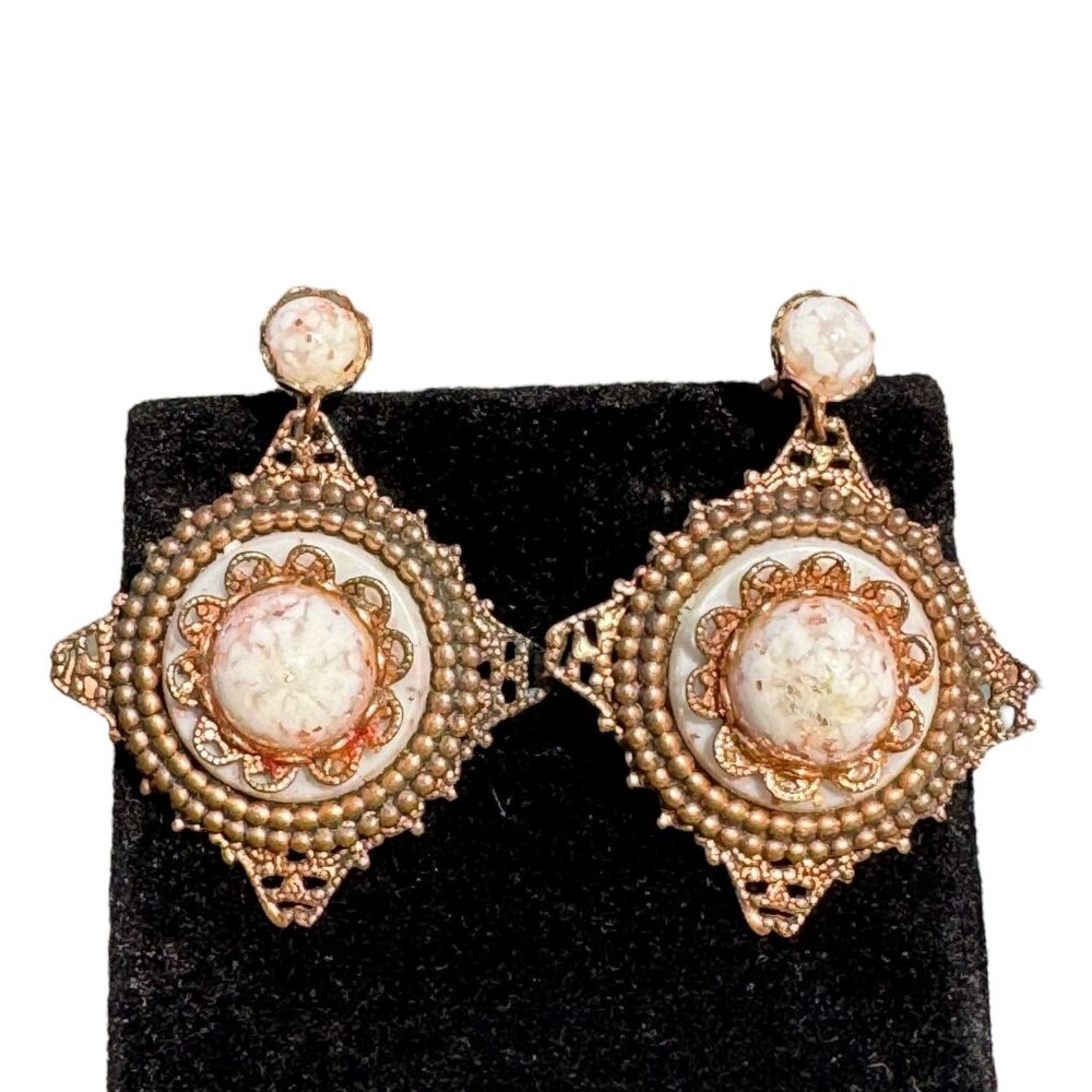 Vintage Art Deco Copper Filigree Clip-On Earrings With White Fleck Stone